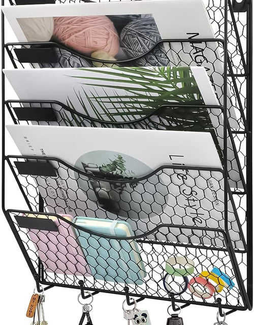 Load image into Gallery viewer, 5 Tier Wall File Holder with Hook, Hanging Mail Organizer Metal Chicken Wire Wall Mount Magazine Rack, Black

