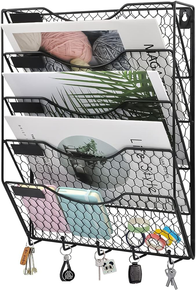 5 Tier Wall File Holder with Hook, Hanging Mail Organizer Metal Chicken Wire Wall Mount Magazine Rack, Black