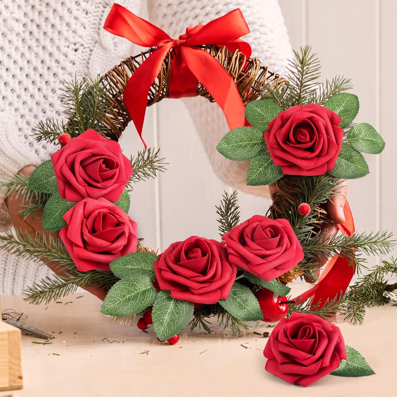 50Pcs Red Roses Artificial Flowers, Dark Red Roses Real Touch Foam Fake Roses Bulk with Stem DIY Craft Flowers for Wedding Bridal Bouquets Centerpieces Arrangement Party Home Decorations