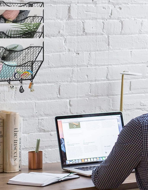 Load image into Gallery viewer, 5 Tier Wall File Holder with Hook, Hanging Mail Organizer Metal Chicken Wire Wall Mount Magazine Rack, Black
