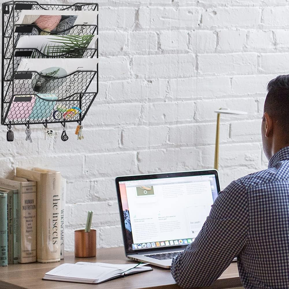 5 Tier Wall File Holder with Hook, Hanging Mail Organizer Metal Chicken Wire Wall Mount Magazine Rack, Black