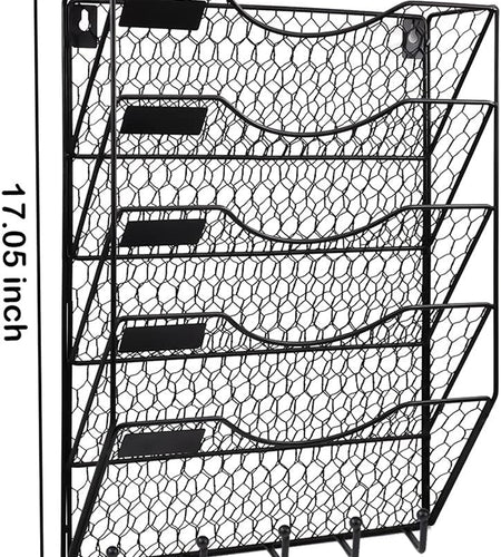 5 Tier Wall File Holder with Hook, Hanging Mail Organizer Metal Chicken Wire Wall Mount Magazine Rack, Black
