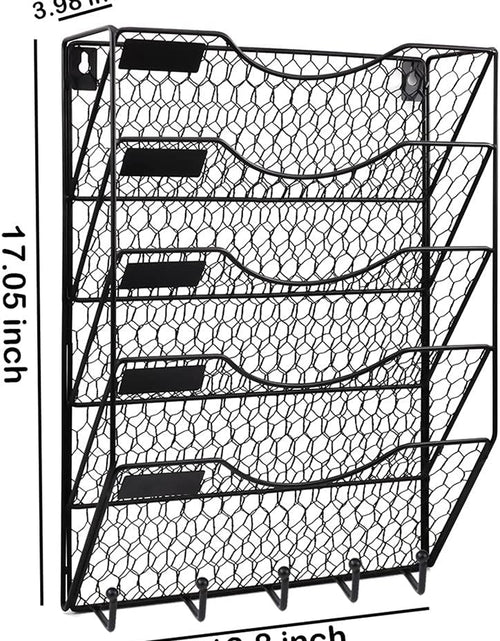 Load image into Gallery viewer, 5 Tier Wall File Holder with Hook, Hanging Mail Organizer Metal Chicken Wire Wall Mount Magazine Rack, Black
