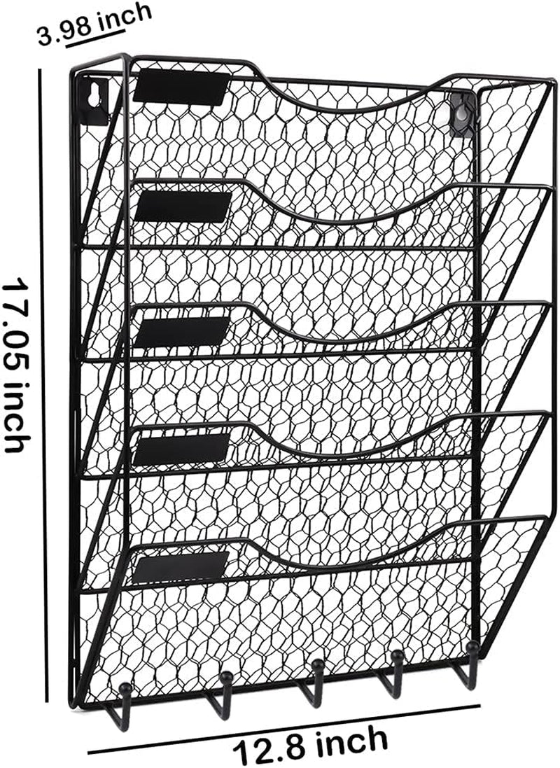 5 Tier Wall File Holder with Hook, Hanging Mail Organizer Metal Chicken Wire Wall Mount Magazine Rack, Black