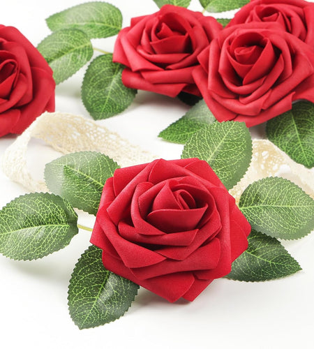 50Pcs Red Roses Artificial Flowers, Dark Red Roses Real Touch Foam Fake Roses Bulk with Stem DIY Craft Flowers for Wedding Bridal Bouquets Centerpieces Arrangement Party Home Decorations
