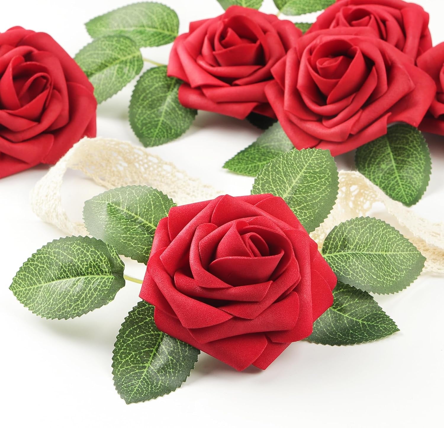 50Pcs Red Roses Artificial Flowers, Dark Red Roses Real Touch Foam Fake Roses Bulk with Stem DIY Craft Flowers for Wedding Bridal Bouquets Centerpieces Arrangement Party Home Decorations