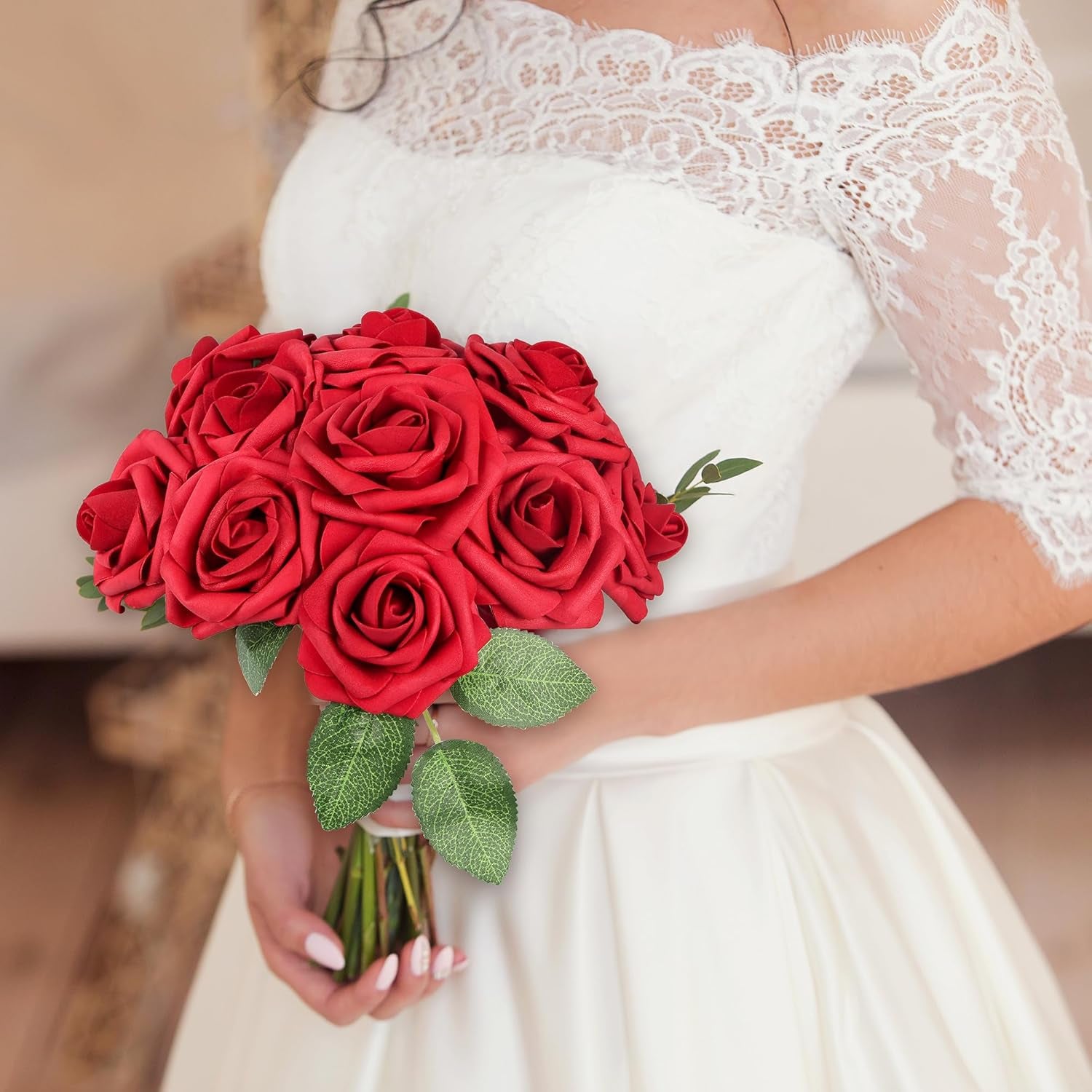 50Pcs Red Roses Artificial Flowers, Dark Red Roses Real Touch Foam Fake Roses Bulk with Stem DIY Craft Flowers for Wedding Bridal Bouquets Centerpieces Arrangement Party Home Decorations