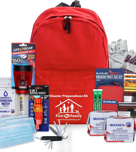 First My Family All-In-One 2 Person, 72 Hour Emergency Survival Kit for Fires, Earthquakes, Hurricanes, Floods, Tsunami and Other Disasters - Premium Red Backpack