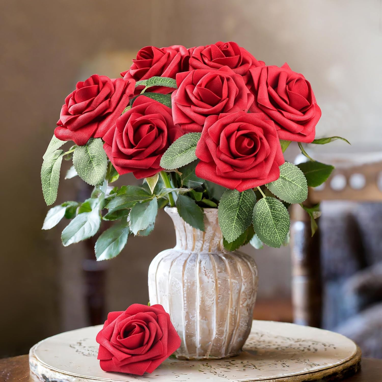 50Pcs Red Roses Artificial Flowers, Dark Red Roses Real Touch Foam Fake Roses Bulk with Stem DIY Craft Flowers for Wedding Bridal Bouquets Centerpieces Arrangement Party Home Decorations