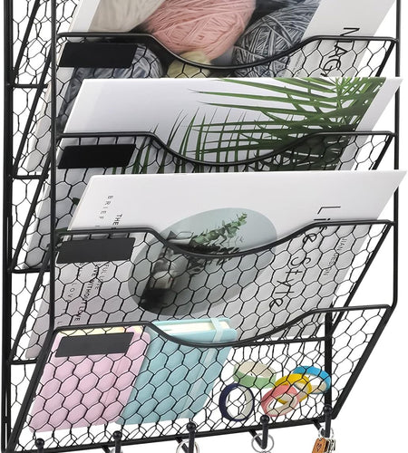 5 Tier Wall File Holder with Hook, Hanging Mail Organizer Metal Chicken Wire Wall Mount Magazine Rack, Black