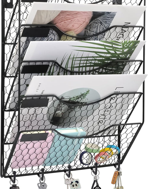 Load image into Gallery viewer, 5 Tier Wall File Holder with Hook, Hanging Mail Organizer Metal Chicken Wire Wall Mount Magazine Rack, Black

