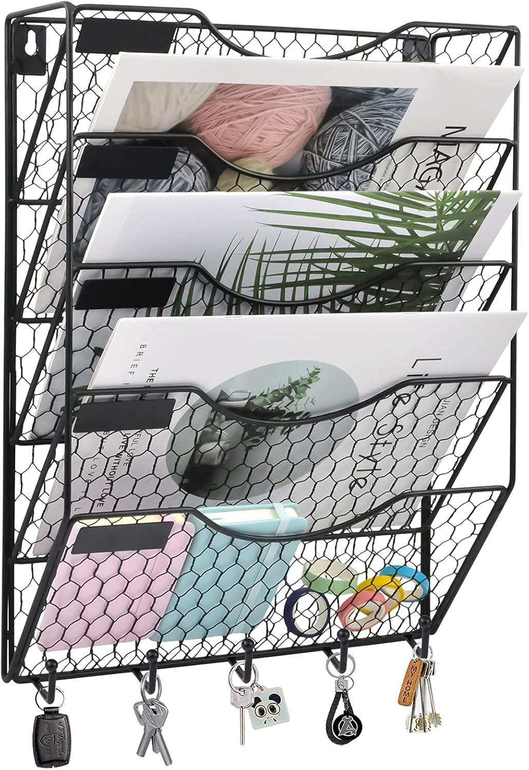 5 Tier Wall File Holder with Hook, Hanging Mail Organizer Metal Chicken Wire Wall Mount Magazine Rack, Black