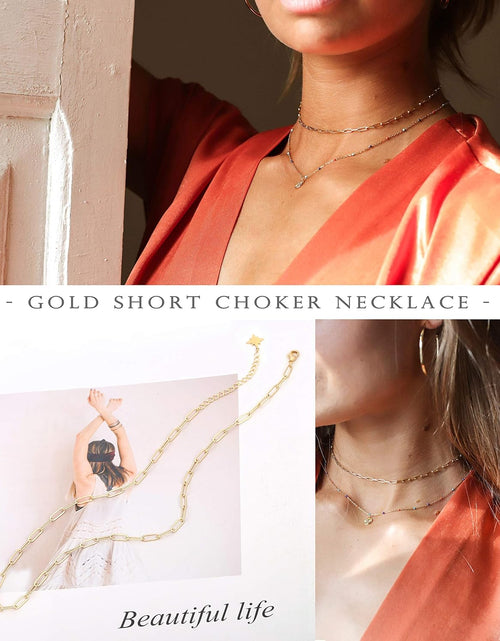 Load image into Gallery viewer, 18K Gold Paperclip Chain Choker Satellite Chain Lava Bead Pendant Necklace Dainty Jewelry for Women 16''
