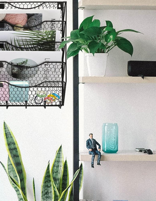 Load image into Gallery viewer, 5 Tier Wall File Holder with Hook, Hanging Mail Organizer Metal Chicken Wire Wall Mount Magazine Rack, Black
