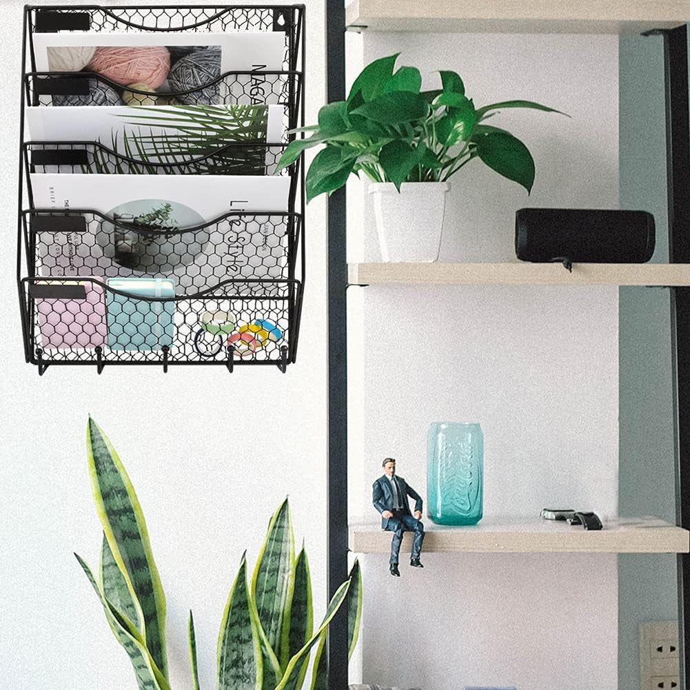 5 Tier Wall File Holder with Hook, Hanging Mail Organizer Metal Chicken Wire Wall Mount Magazine Rack, Black