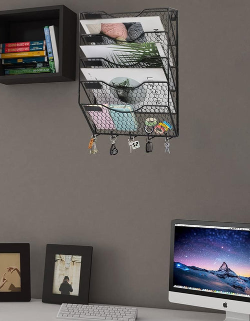 Load image into Gallery viewer, 5 Tier Wall File Holder with Hook, Hanging Mail Organizer Metal Chicken Wire Wall Mount Magazine Rack, Black
