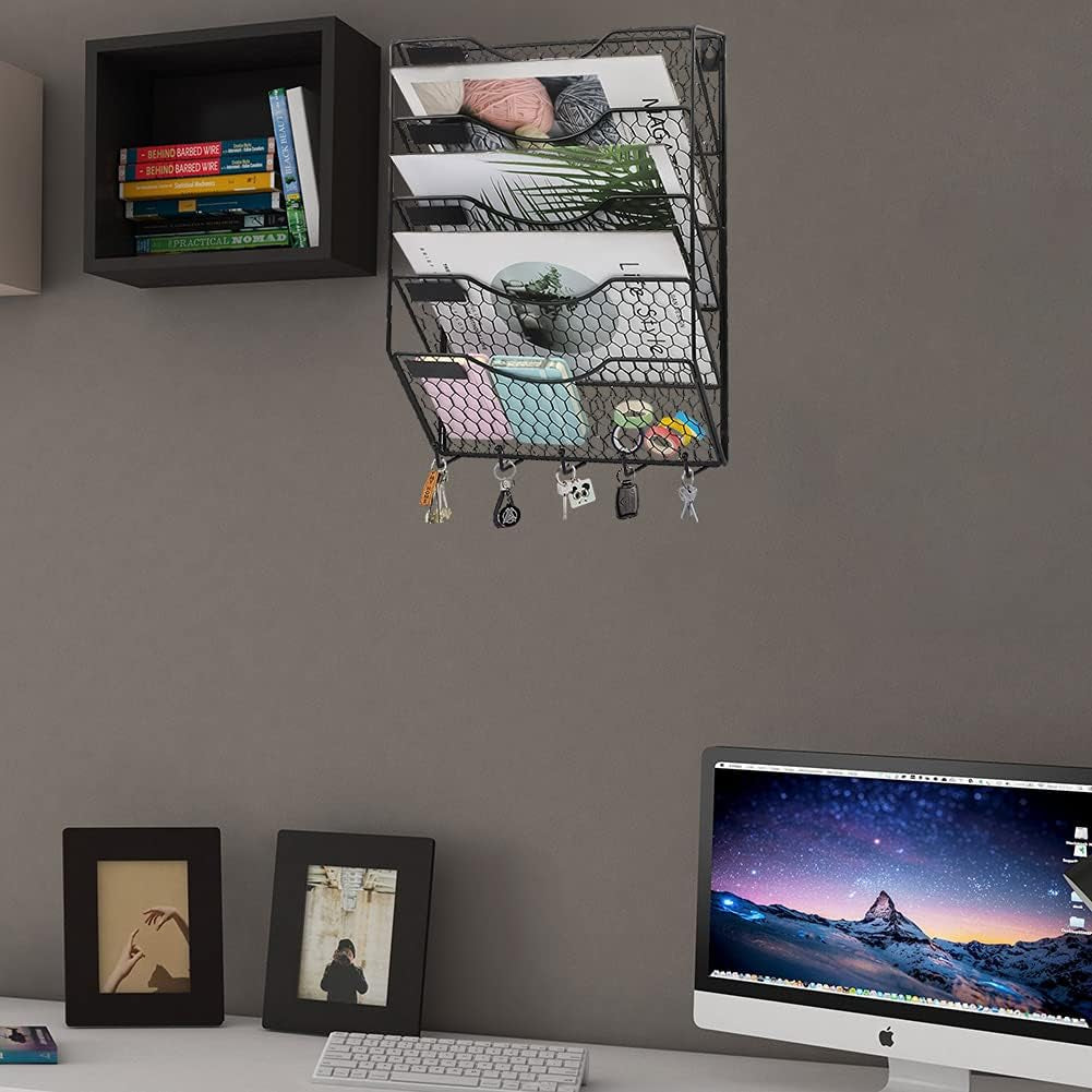 5 Tier Wall File Holder with Hook, Hanging Mail Organizer Metal Chicken Wire Wall Mount Magazine Rack, Black